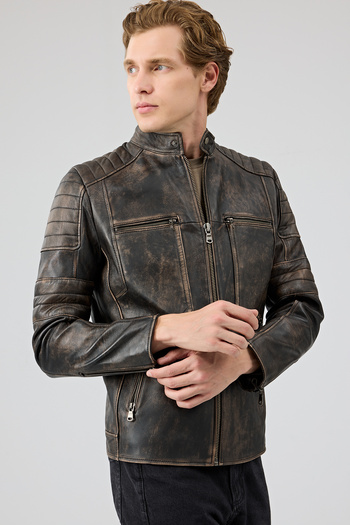 Derimod Morant Men's Brown Vintage Slim-Fit Leather Jacket 24Wgf6554G6