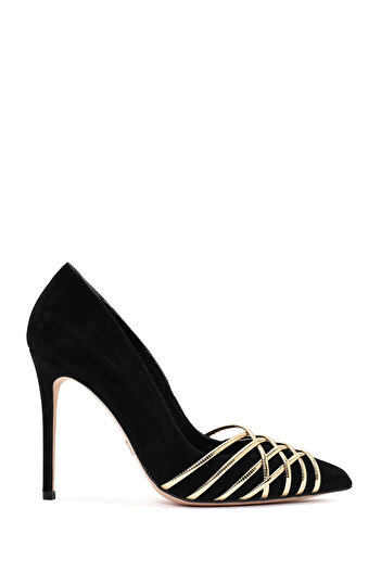 Derimod Women's Black Thin Heeled Suede Leather Heeled Shoes Stiletto Genuine Leather Evening Dress Shoes