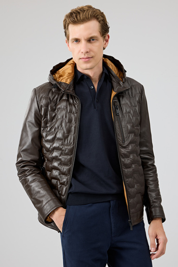 Derimod Silva Men's Brown Hooded Leather Coat 24Wgd6552U3