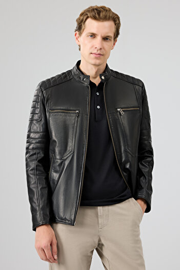 Derimod Morant Men's Black Judge Collar Leather Jacket 24Wgf6554Ve
