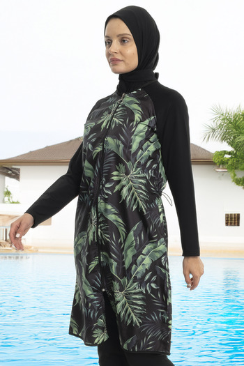LEOMA Fully Covered Water Repellent Quick Drying Side Adjustable Zippered Patterned Hijab Swimsuit