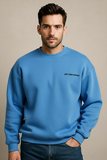 JUSTEVER Ανδρικό φούτερ Crew Neck Κεντημένο Raised Blue με Fleece Εσωτερικά - Volar