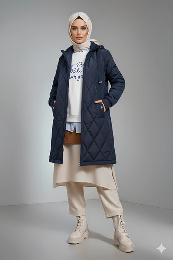 hazelin Women's Navy Blue Long Quilted Lined Puffer Hijab Coat Hzl25W-Bd151381