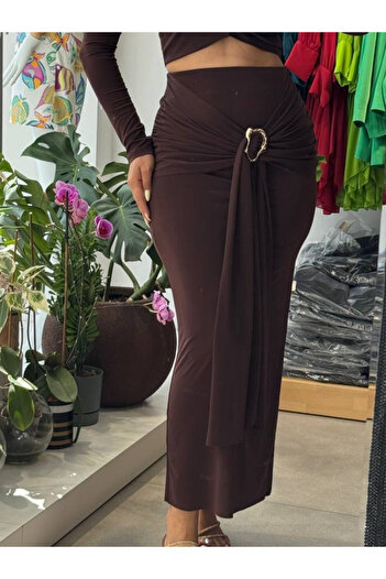 Kinzi Body-Hugging Side Buckle Detailed Slit High Waist Brown Maxi Skirt