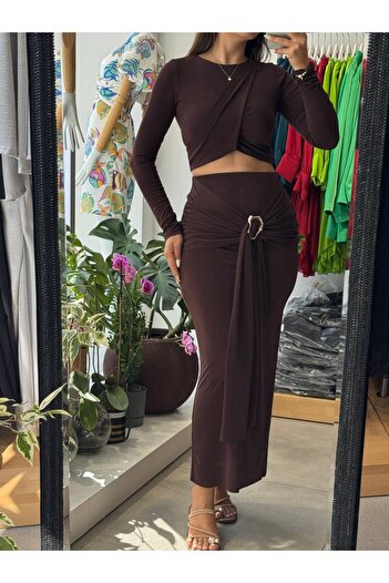Kinzi Body-Hugging Side Buckle Detailed Slit High Waist Brown Maxi Skirt