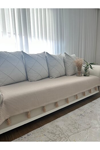 Doğa Püsküllü Şal Model Koltuk Örtüsü Bej