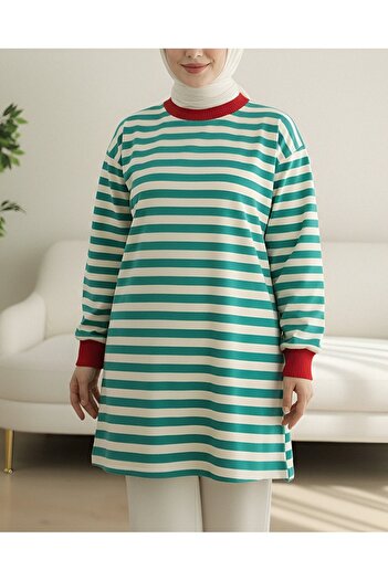 Modamorfo Bunt gestreifter Rundhals-Sweat – Smaragd
