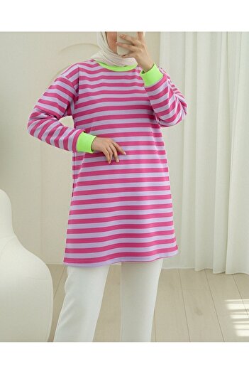 Modamorfo Bunt gestreifter Rundhals-Sweat – Fuchsia