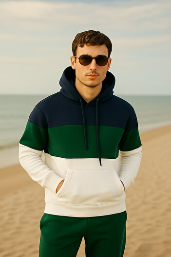 Pobudo Oversize Nefti Color Navy Blue Stripe Hooded Tracksuit Set