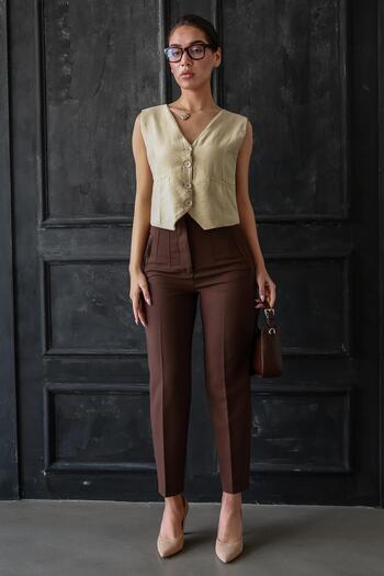 Madmext Bitter Brown Front Piping High Waist Women's Trousers Mg2425