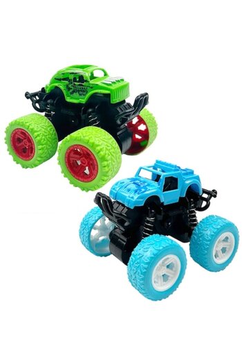 OptimStar Toy Cars, Inertia Driven, 360-Degree Rotation, 4x4 Off-Road, Shock Absorbers, Set of 2, Green, Blue