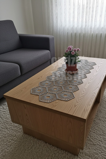 Çt Çeyizci Tekstil Single Runner with Grey French Lace Detail - Tabletop and Tablecloth