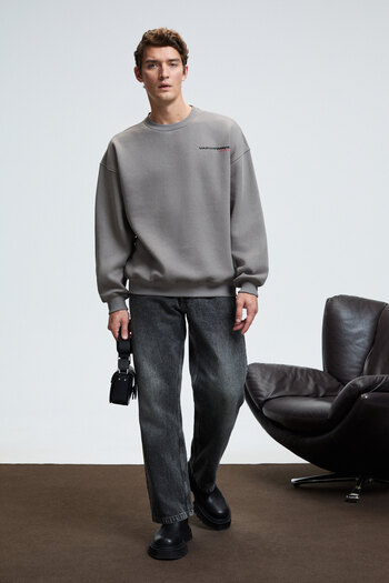 GRIMELANGE Percy Men's Round Neck Oversized Dark Gray Sweatshirt with Embroidered Chest and Printed Back