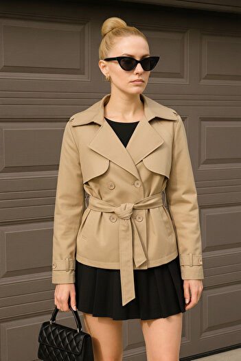 Delpino Short Belted Women's Trench Coat Jacket