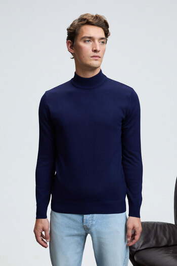 GRIMELANGE Rebel Men's Half Turtleneck Basic Regular Fit Knitwear Navy Blue Sweater