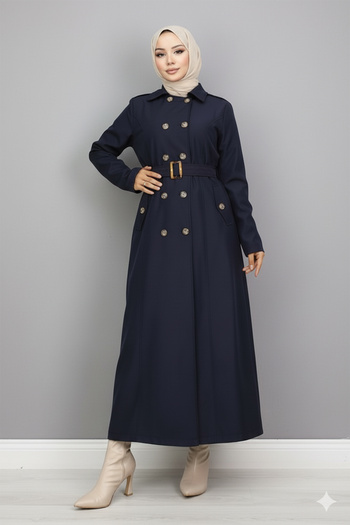 benguen Navy Blue 4901 Model Belted Trench Coat