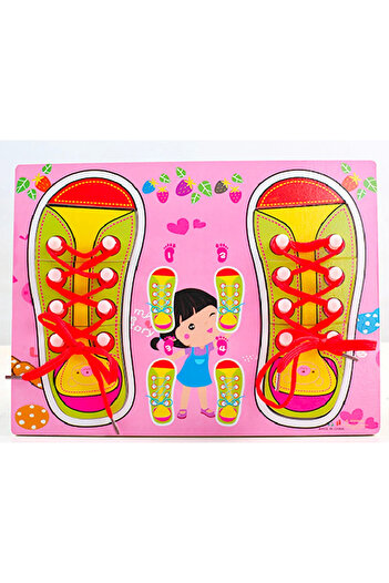Toyska Montessori Wooden Puzzle Learn to Tie Shoelaces, Pink