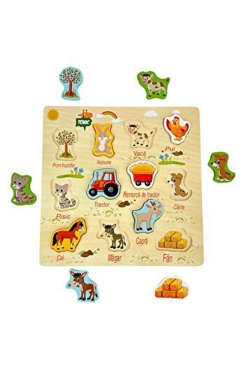 Toyska Puzzle Montessori din lemn, Fermă în limba română, 12 piese, multicolor