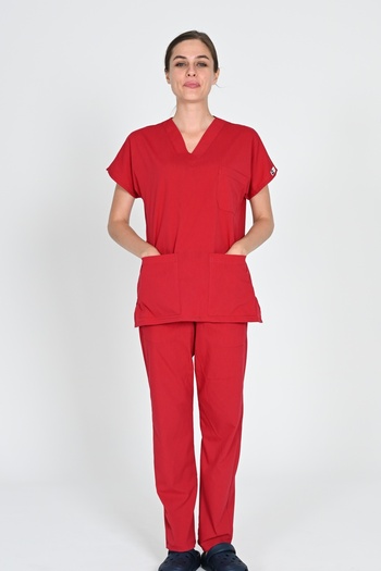 BAŞAK Unisex Red Cotton Lycra Bat Sleeve Nurse and Doctor Suit - Hospital Uniform
