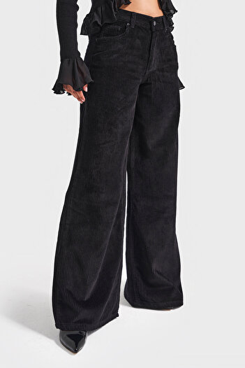 its basic Women's Black Color Hera 26W41 Palazzo Fit Corduroy Trousers