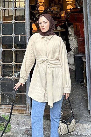 lamelif Πουκάμισο τουνίκ με λουράκια στη μέση Milky Brown