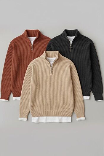 Gameyal Men's 3-Piece Half-Zip Ribbed Knit Sweater