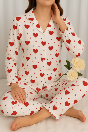 ELİTOL Heart Patterned Wrinkled Knitted Long Sleeve Women's Buttoned Pajama Set