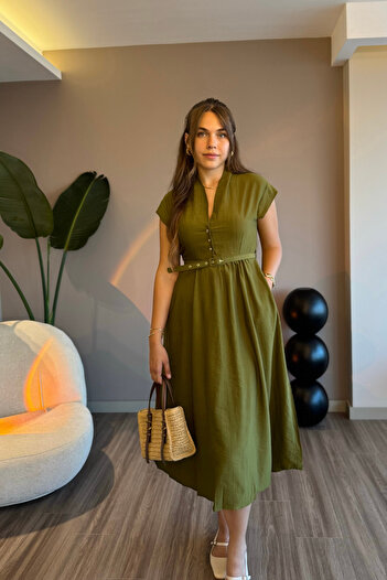 Aventien Rochie midi verde ulei cu centură cu guler domnă