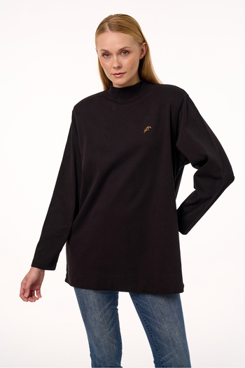 qanpaq Turey - Black Women's Embroidered Snap Fastener Padded Stand Collar Oversized Long Sleeve Basic