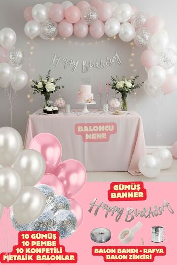 Baloncu Nene 30 Pieces of Pearl White Balloons with Happy Birthday Writing and Silver Confetti Party Birthday Concept Material