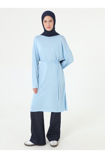 Benin Comfortable Fit Tie-Waist Long Tunic - Blue -