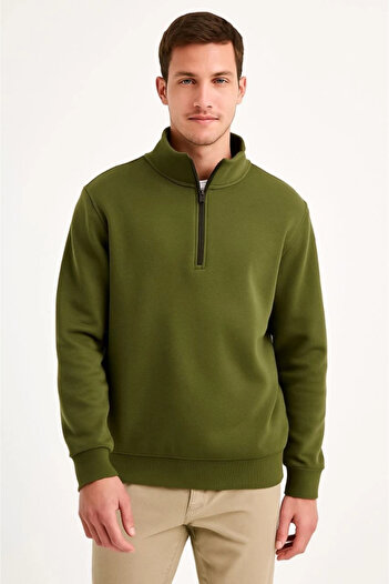 Butik Men's Stand Collar Sweatshirt Stand Collar Half Zipper 3 Thread Ribbed Cotton Fabric - Khaki