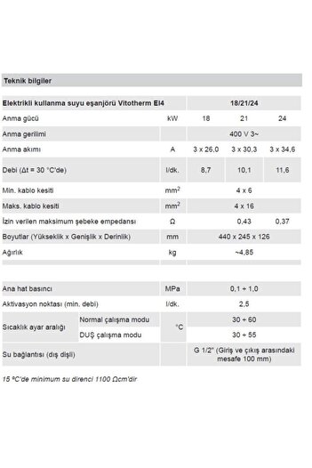Viessmann Ani Su Isıtıcı Vitotherm Eı4 A18-21-24 Kw