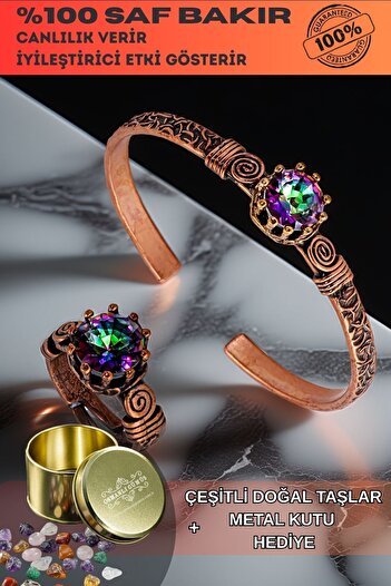 OSMANLI GÜMÜŞ Women's Copper Bracelet Ring Set - Mystic Topaz Model 2 Tree Bark Model Thin Metal Box Quartz Stone