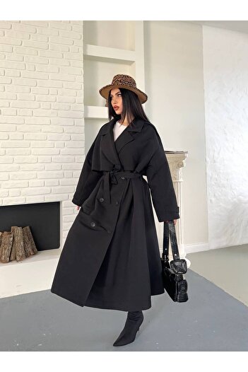 ZF BUTİK Women's Waist Belt Detail Long Trench Coat