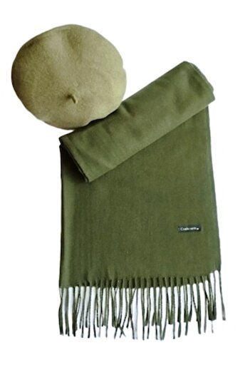 OEM Set shawl made of green-khaki cashmere with matching French-style beret, 200 x 75 cm