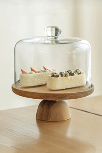 Evsun Home Collection Acacia Stand Glass Cake Pan with Stand 28 cm Giant Size