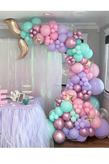Parti dolabı 55Pcs Gold Mermaid Tail Foil Balloon Chain Mint Green, Macaron Lilac, Pink Birthday Decoration