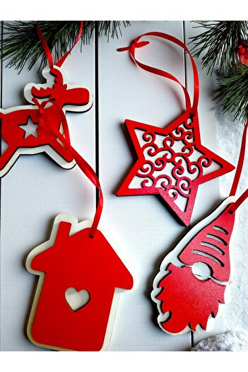 Armada Set of 4 Wooden Christmas Tree Ornaments Red and White (8 cm)