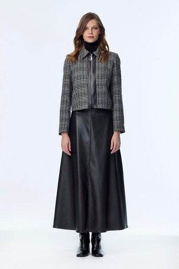 Zühre Tweed Patterned Leather Detailed Black/Black Double Suit