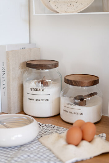 Dekorzdükkan 2-Piece Acacia Lid Glass Storage Jar 2000/3000 ml - with Acacia Measuring Spoon