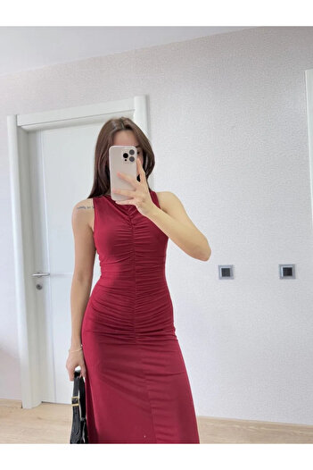 Flexium Bürümcük Fabric Lined Inside Drawstring Sleeveless Gathered Long Dress - Red