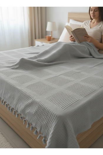 Ladylina Home 100% Cotton Double Pike, Tasseled Bedspread Square Waffle Pattern 220X240