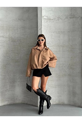 ÇEÇİM Women's Zippered Suede Lined Oversize Bomber Jacket Zyn-58812