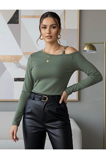 ns nirvana secret Women's One Shoulder Ringed Long Sleeve Double Face Fabric Blouse