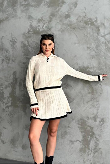 macharel jeans Women's Polo Neck Skirted Knitwear Set Sweater/Skirt
