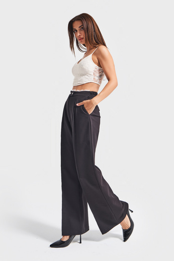 its basic Women's Black Color W5-1 Palazzo Fit Stretchy Fabric Belt Lace Detailed Trousers