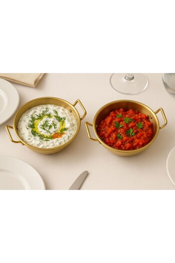 Qerhome 2-Piece Gold Stainless Steel Round Serving Pan – Serving Dish with Handles Sauce Bowl 17 cm