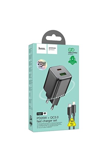 Hoco Network Charger (N41) + Lightning Cable, 20W, 1xUSB-C, 1xUSB-A, PD, QC 3.0, Black