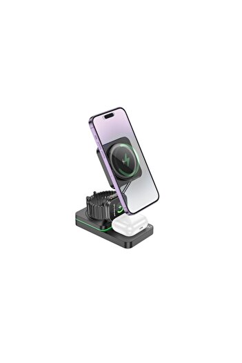 Hoco Wireless Charging Stand (CQ10), 15W, 3in1 Phone/Headphones/Watch, Fast Charging, Foldable, BLAC